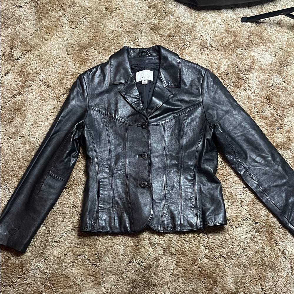 WILSONS‎ Leather MAXIMA Black Moto Leather Button Blazer Jacket Fit Flare